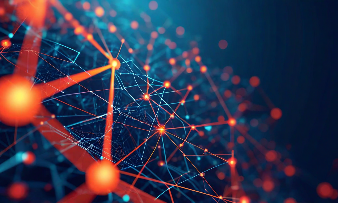 政治的不確実性と危機管理を表現した抽象的なデジタルイラスト。複雑に絡み合うネットワークノードと流動的な接続線が相互関連するリスク要因を示し、潜在的な脅威を示す警告インジケーターと防御的なバリア、戦略的対応システムが統合されている。深い青とグレーを基調に、琥珀色と赤のアクセントカラーでリスクと警戒心を表現している。