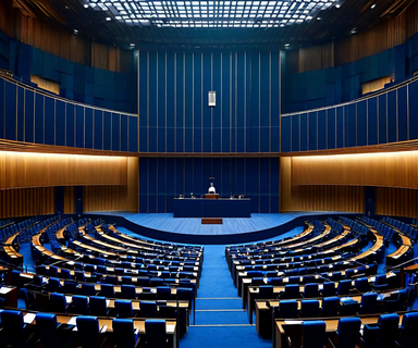 Artistic representation of Japan's Lower House chamber with color-blocked seating arrangement illustrating supermajority coalition seat distribution and parliamentary power dynamics