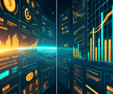 Split illustration contrasting founder and VC perspectives: product wireframes and user metrics on one side, financial spreadsheets and unit economics formulas on the other
