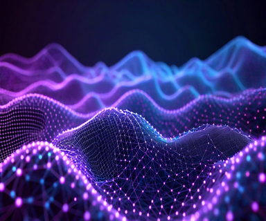 A dual-layer 3D mesh visualization showing the separation between topological structure in blue wireframe and geometric deformation represented by flowing purple-to-cyan gradients, illustrating the distinction between conservation laws and material properties in physical simulations