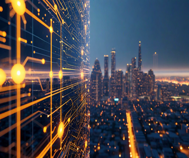 Abstract visualization of two modern geometric structures merging together, representing Harvey's acquisition of Hexus, with digital connections flowing between them and dual city skylines in the background symbolizing San Francisco and Bangalore operations