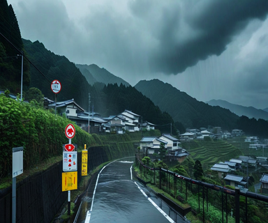 Steep hillside in Niigata Prefecture during heavy rainfall with storm clouds, showing saturated slopes and emergency warning signs, illustrating landslide hazard conditions
