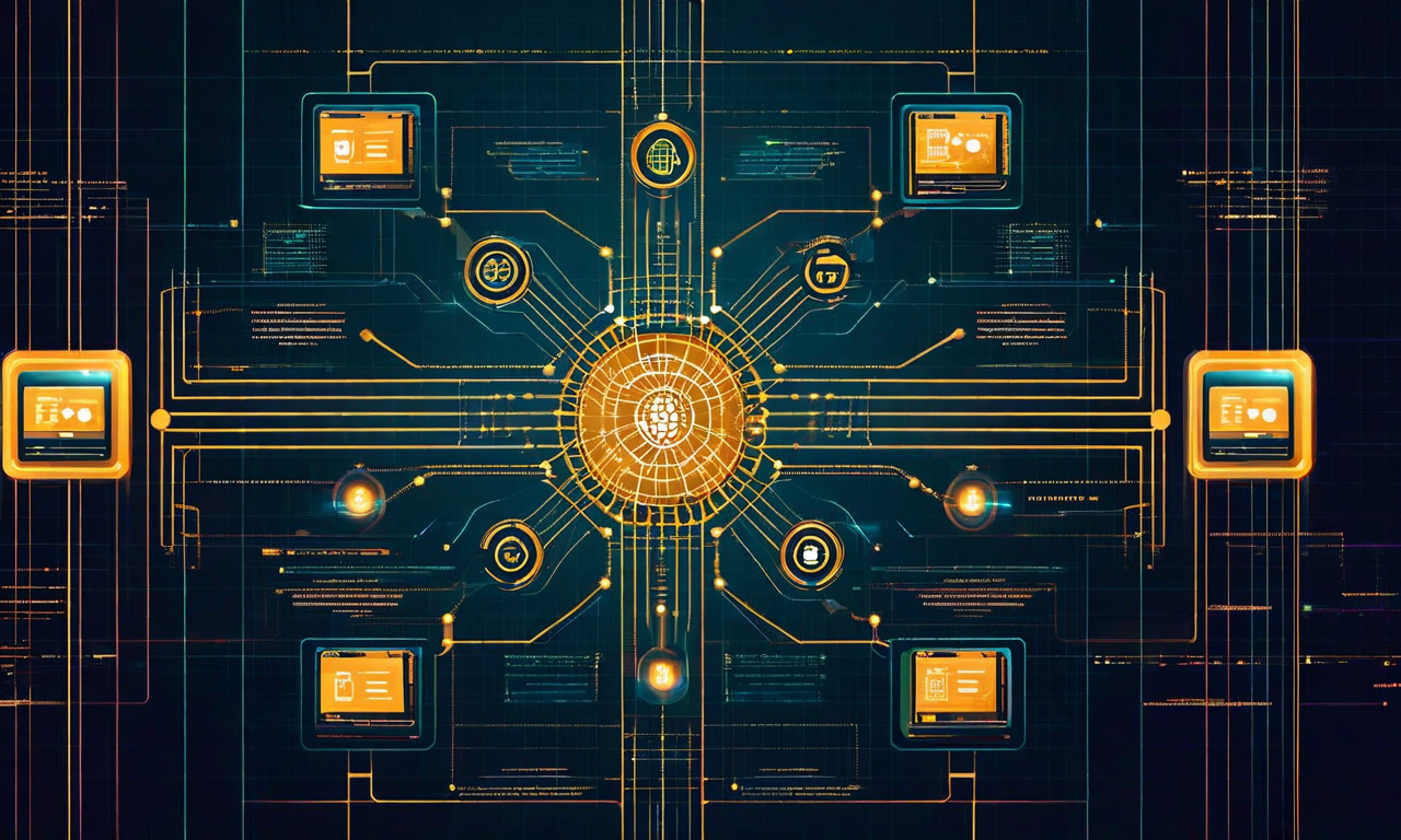 集中管理されたデザイントークンシステムの参照アーキテクチャを示す図。中央の金色のノードから複数のコンポーネント層へ向かって組織化されたデータフローが流れ出ており、各層の周囲にはガードレール(制約)を示す境界線が表示されている。ボタン、タイポグラフィ、カラーシステムなどの分散されたUIコンポーネントへの一貫した配信フローを視覚化している。