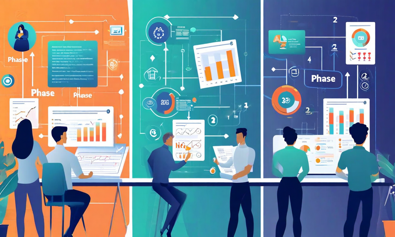 4つのフェーズからなる段階的実装アプローチの視覚化。フェーズ1では監査チームが文書を確認し、フェーズ2では標準化に向けた協業、フェーズ3ではシステム統合作業、フェーズ4では運用管理活動を行うチームメンバーが描かれている。各フェーズは矢印で繋がり、左から右への進行を示している。