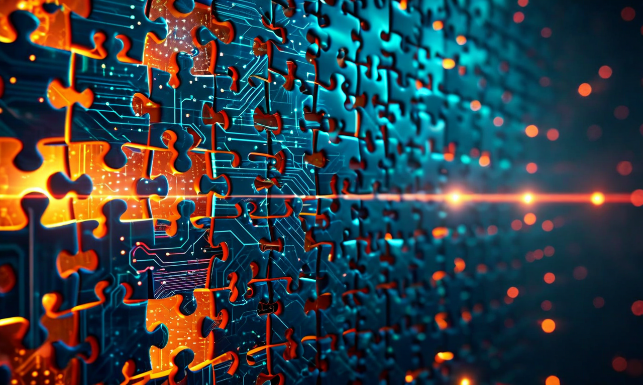 Abstract illustration showing fragmented puzzle pieces with circuit patterns transforming from scattered individual pieces into a connected unified network, representing distributed communities converging on shared technical solutions