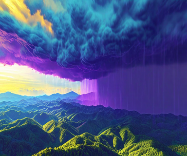 Aerial visualization of linear precipitation bands showing organized storm systems with radar-style rainfall intensity patterns over a mountainous landscape, depicting the meteorological phenomenon of sustained convective structures