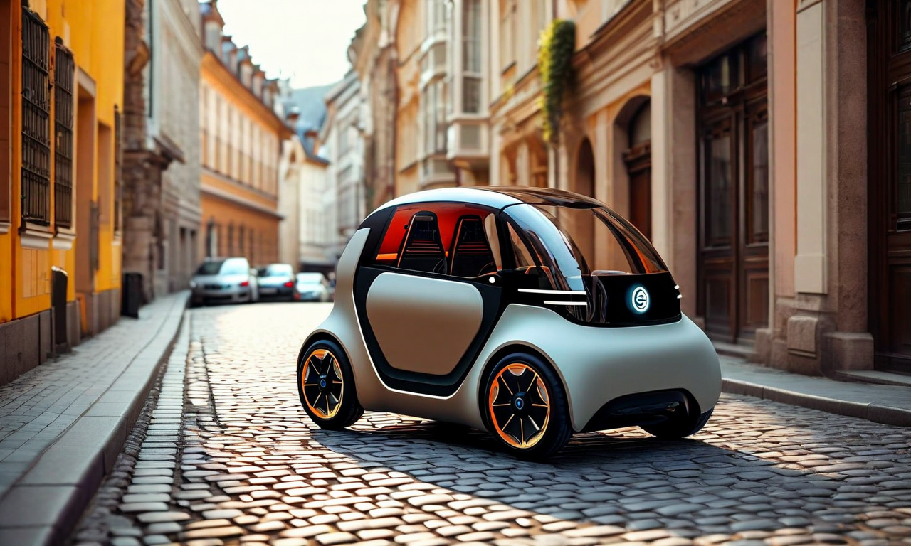 Compact electric microcar navigating a narrow European city street, demonstrating urban mobility solution with its small size compared to traditional vehicles in a congested urban environment
