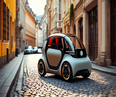 Compact electric microcar navigating a narrow European city street, demonstrating urban mobility solution with its small size compared to traditional vehicles in a congested urban environment