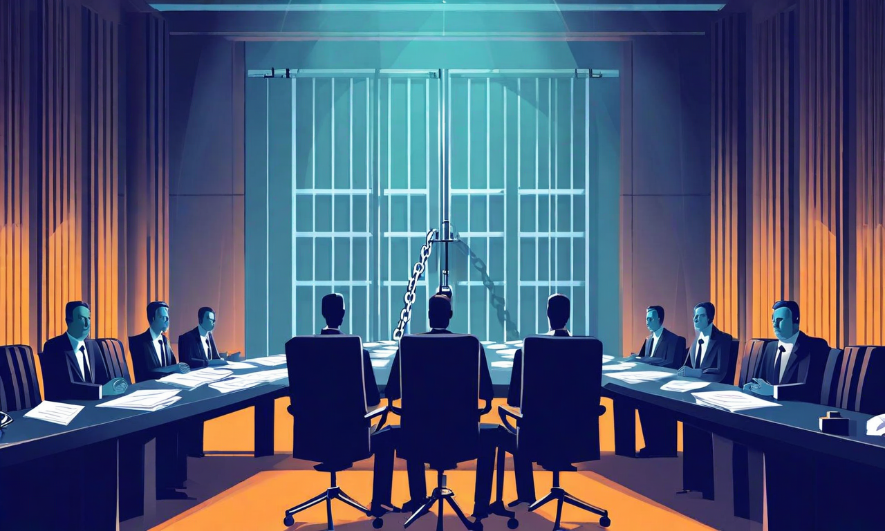 企業破産手続中のガバナンス危機を表現した専門的イラスト。対立する創業者と取締役会メンバーが法的文書で分断された会議室を描写。緊張関係を示す影のある顔、散乱する機密ファイル、鎖や門で表現された情報開示の障壁が見られる。法的強制力の象徴として槌や法廷の印章が対立を打ち破る様子が描かれている。深い青、グレー、琥珀色のアクセントを使用した現代的なビジネスイラスト。