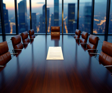 Overhead view of an empty corporate boardroom with a legal document illuminated on a dark conference table, surrounded by vacant chairs, with city windows in the background