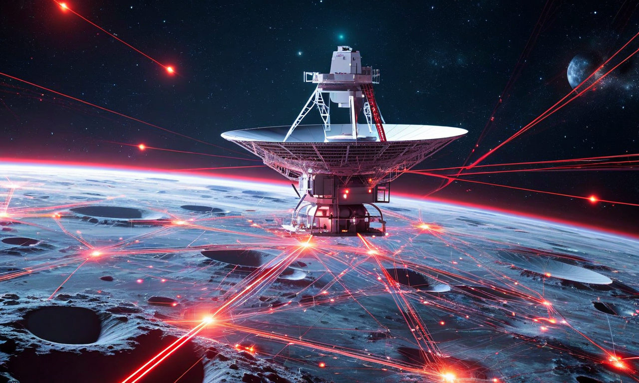 月面ラジオ望遠鏡システムの5つの主要サブシステム（受信機、信号処理、データ伝送、電力供給、熱管理）が複雑に相互接続されたネットワーク図。各サブシステムは発光するノードで表現され、色分けされたパスウェイで接続されている。ボトルネックポイントは赤く強調表示され、データフロー制限を示す圧縮された接続線で表現されている。背景は深宇宙のテーマで、技術的な回路パターンが組み込まれている。