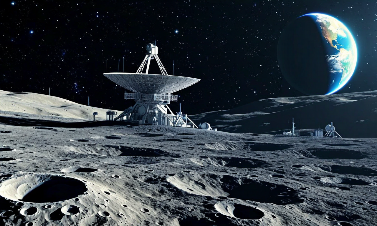 月の裏側に設置された複数のラジオ望遠鏡アンテナアレイが、地球からの電磁波干渉を避けて宇宙を観測している未来的なシーン。月面基地の施設、宇宙背景放射の可視化、遠くに見える地球と星々に満ちた宇宙空間が描かれている。