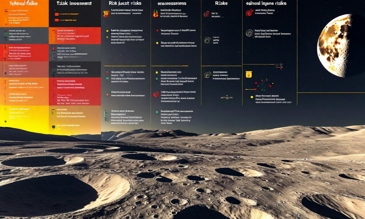 月面ラジオ望遠鏡プロジェクトのリスク分析マトリックス。4つの象限に分かれており、各象限は異なるリスク要因を表現している。技術的リスク（機器故障、RFI侵入）、環境リスク（月塵、隕石衝突、温度変動）、政治的リスク（国際協定、資金削減）、運用リスク（通信遅延、遠隔保守の困難性）が色分けされ、リスクレベルを視覚的に示している。