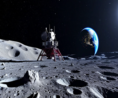 A radio telescope array on the far side of the Moon with Earth visible in the distant space, and visualization of radio waves coming from deep space toward the lunar installation