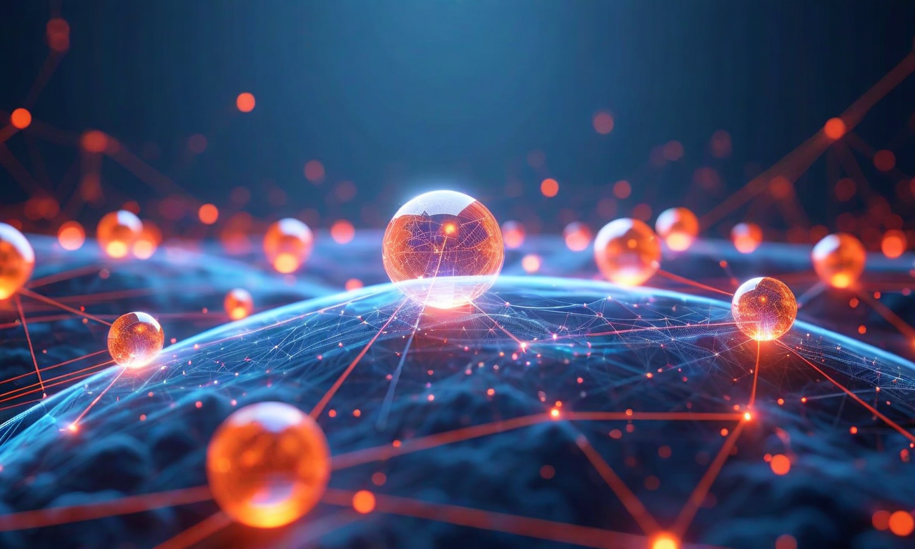 Abstract visualization of interconnected spheres and networks representing multiple systemic economic risks interacting through complex transmission channels in a poly-crisis environment