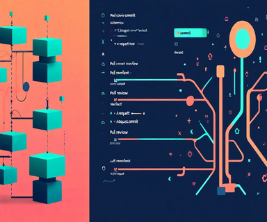 Split-screen illustration comparing two code review workflows: left side shows individual commits stacked vertically for atomic review, right side shows branching structure merging into pull request, connected by a bridge in the center