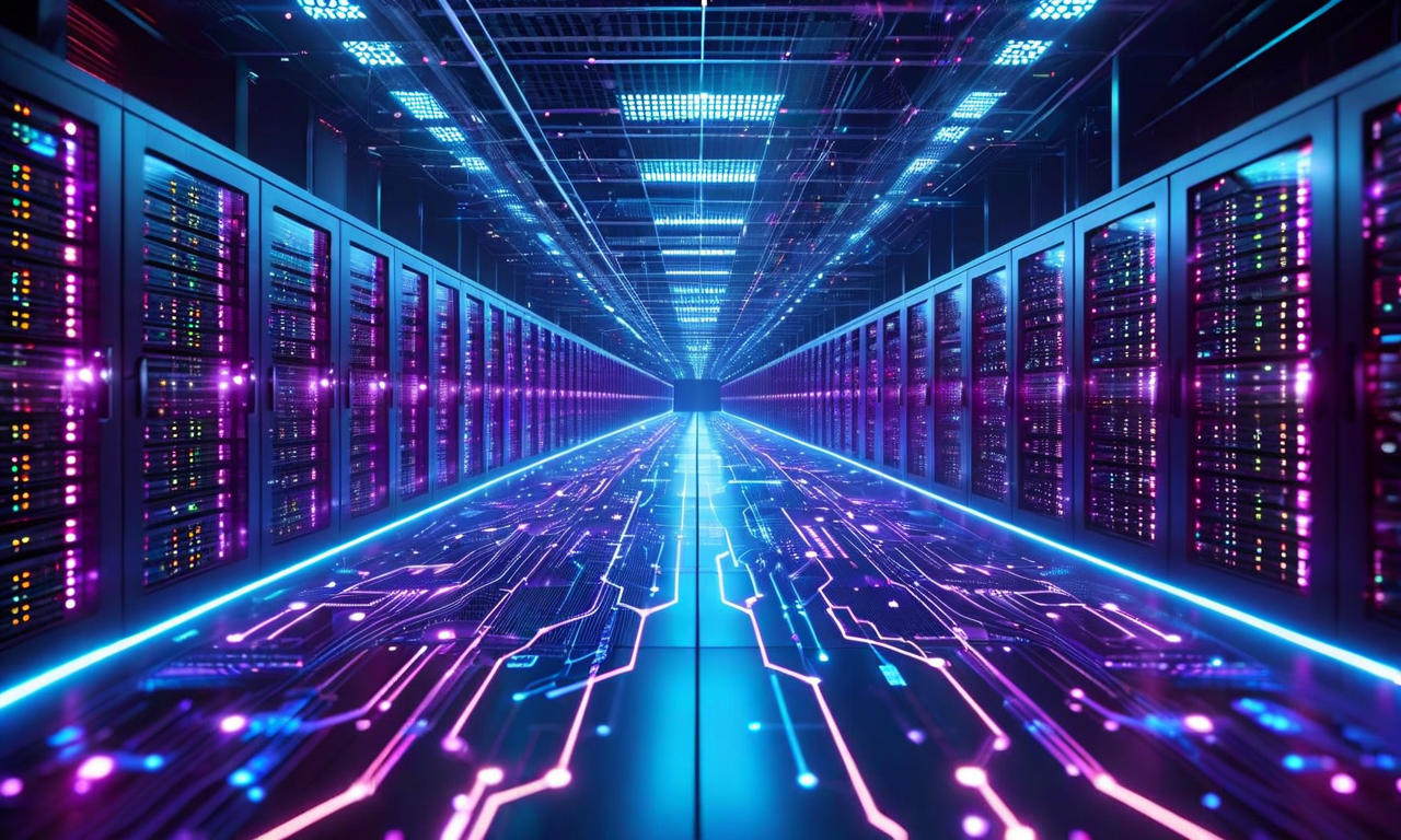 Expansive data center with rows of illuminated servers stretching to the horizon, overlaid with glowing neural network patterns and AI circuit pathways in blue and cyan lighting, representing the massive infrastructure investment required for AI agent deployment