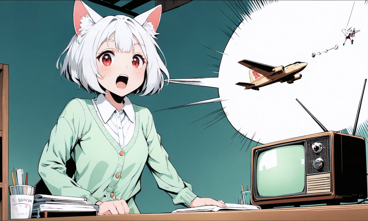 無線機のマイクから大きな空の吹き出しが飛び出し、遠くの飛行機と小さな帆船がそれに気づいて振り向いているイラスト。