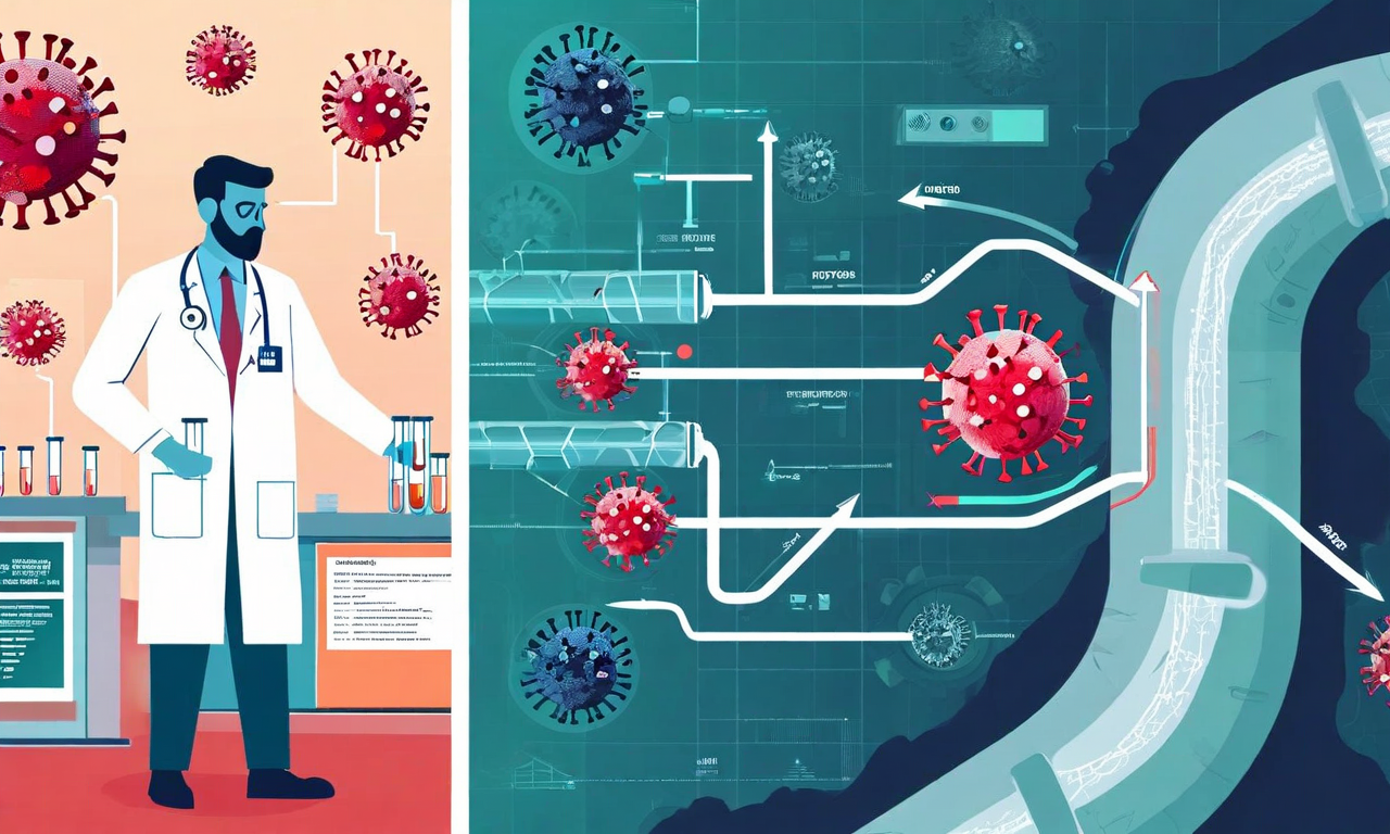 Split illustration comparing traditional measles surveillance through clinical diagnosis with modern wastewater monitoring technology, featuring hospital facilities on one side and underground sewer infrastructure with virus detection systems on the other, centered around a Texas outbreak map