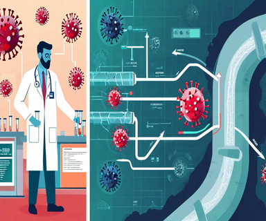 Split illustration comparing traditional measles surveillance through clinical diagnosis with modern wastewater monitoring technology, featuring hospital facilities on one side and underground sewer infrastructure with virus detection systems on the other, centered around a Texas outbreak map