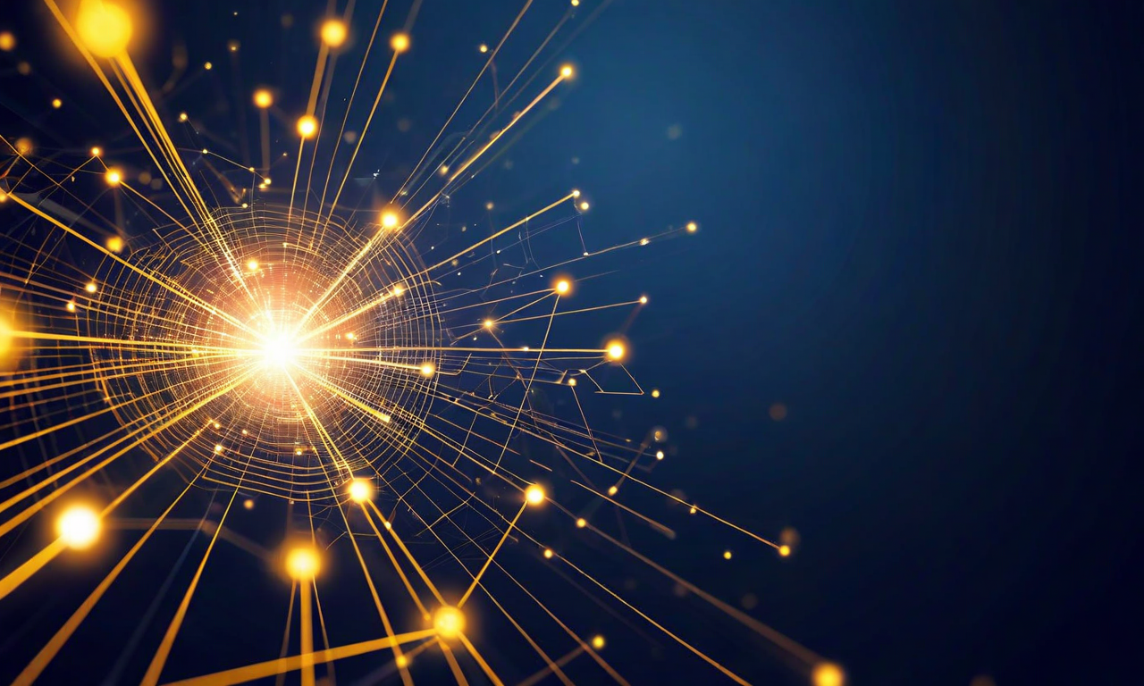 複雑に絡み合ったネットワーク構造の中で、1つの中央ノードが金色の光を放ちながら明るく輝いており、周囲の小さなノードから多くの接続線が集中している。このレバレッジポイント（ボトルネック）が全体のシステムフローを制御している様子を表現した抽象的なビジュアル。