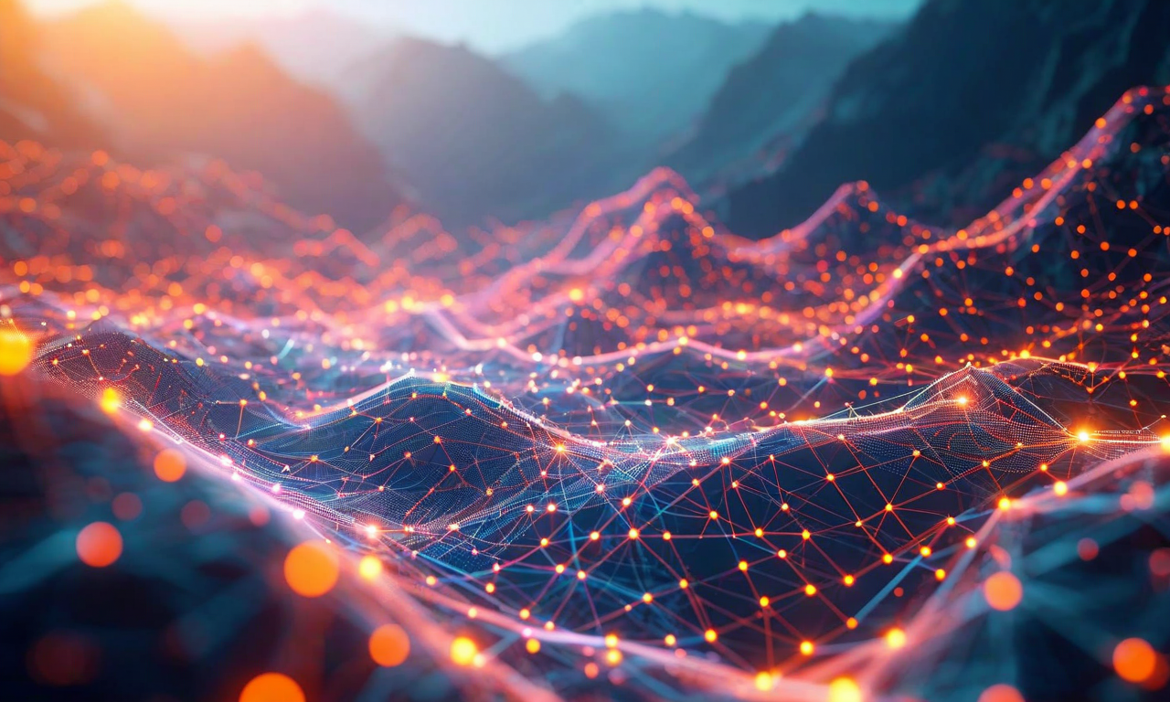 複数のリスク要因（モデル過信、環境変化、認知バイアス）が相互作用する様子を表現した抽象的な風景イメージ。各リスク要因は相互に接続された流動的な要素として描かれ、その上に複層的な軽減戦略が保護バリアと対策経路として視覚化されている。暖色系のリスク表現から寒色系の軽減戦略表現へのグラデーション、発光するノードと接続線によってリスクと対策の関係性を示している。