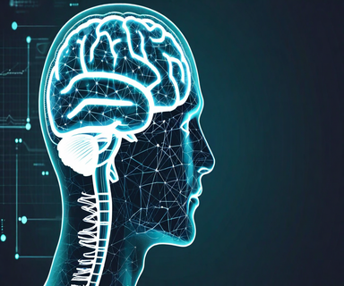 Side profile of a translucent head showing a brain with an illuminated network of interconnected nodes and pathways that extend outward, transforming into structured diagrams and flowcharts, representing the concept of mental models organizing complex information
