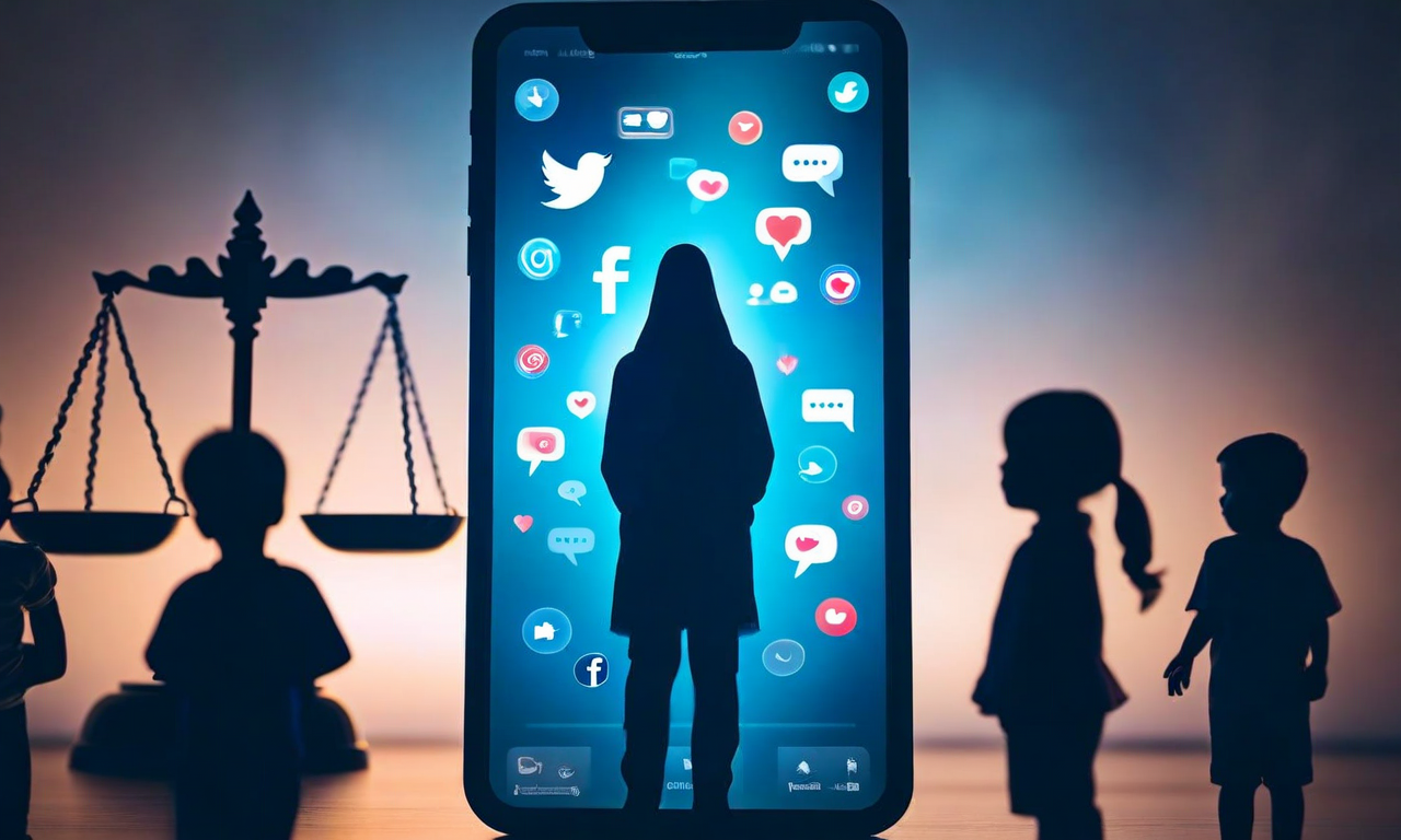 A protective figure stands between a glowing social media screen and silhouettes of children, with legal symbols suggesting courtroom accountability for platform safety