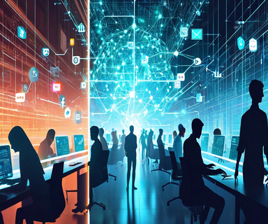 Illustration depicting workforce transformation with silhouetted figures flowing from traditional work environments toward a central illuminated AI neural network hub, representing Meta's reallocation of 7,000 employees into AI-focused roles