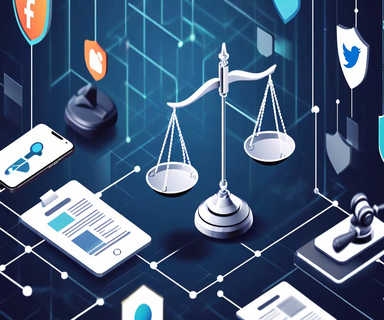 A balanced scale weighing digital technology symbols against regulatory and safety compliance elements, representing the challenge of operationalizing social media safety standards and platform regulation