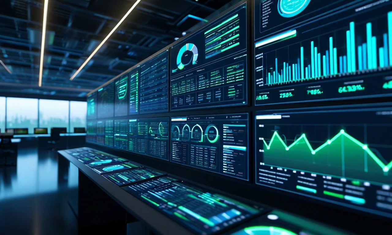 エネルギー運用センターのダッシュボード画面を示す画像。リアルタイム需要予測グラフ、ワークロード最適化データ、グリッド信号への動的応答を表示する複数のモニター、アラート通知、自動制御メカニズムが統合された運用管理システムの可視化。