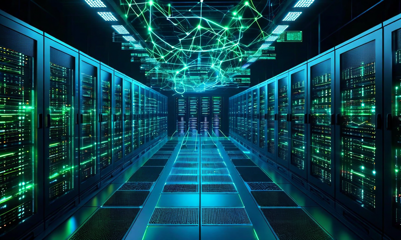 従来型のデータセンターインフラストラクチャから次世代型のスマートグリッドシステムへの段階的な進化を示すビジュアル。左側は従来の電力システムと従来型サーバーを、右側はAI最適化された知的ネットワーク、再生可能エネルギー統合、持続可能なエネルギーフローを表現。中央部には相互接続されたノード、エネルギー最適化メトリクスのホログラフィック表示、技術的進歩の層状構造が表示されている。