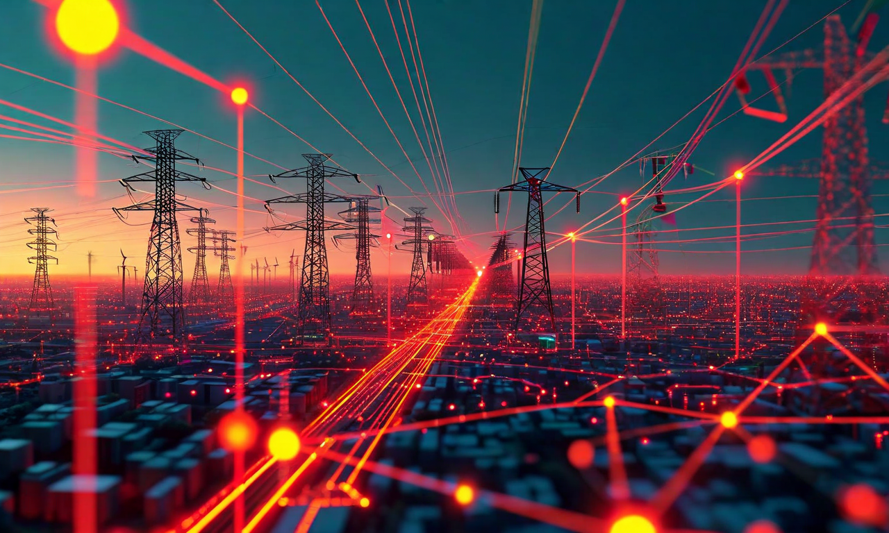 電力網の物理的制約を示す技術図。都市部の電力需要が集中した赤色のホットスポット、満杯状態の変圧器、混雑した送電線を表示。一方、地方の再生可能エネルギー源（風力発電と太陽光発電）は緑色で示され、都市部への接続容量が不足していることを視覚化。電力フロー強度を色グラデーションで表現し、赤は混雑、黄は中程度負荷、緑は利用可能容量を示す。