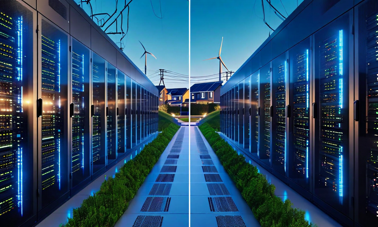 Split-screen illustration showing a modern data center with blue-lit servers on the left connected by green energy pathways to a residential neighborhood with renewable energy sources on the right, representing the balance between AI infrastructure expansion and community electricity costs