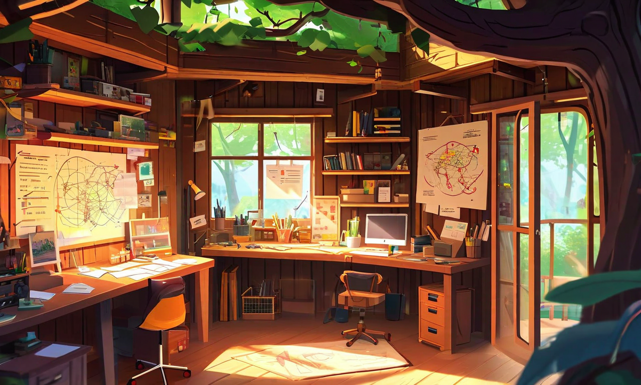 ツリーハウス構造の内部を示すイラスト。3つの異なる機能エリア(執筆室、アイデア室、ツール室)が物理的空間として配置されており、各エリアは開いたドアウェイと窓を通して見える。アニメーションキャラクターMcZeeが異なるエリアを指し示しながら案内している。温かみのある照明と木製の建築要素が、組織化された創造的な環境を演出している。