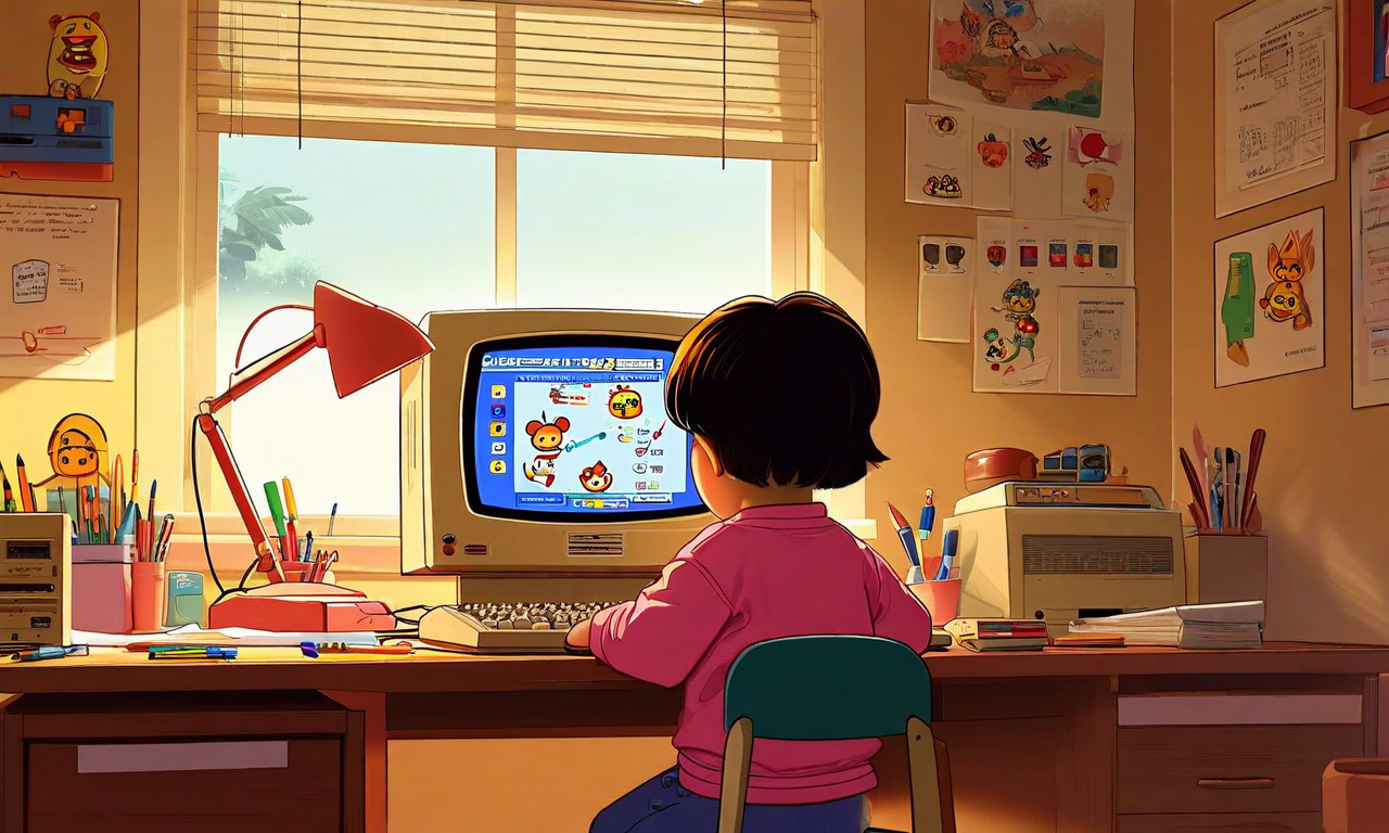 1990年代初期の家庭用コンピュータ環境を背景に、Microsoft Creative Writer(1993)のカラフルで親しみやすいインターフェースが表示されたデスクトップコンピュータ画面。子どもが創造的に学習する様子が描かれており、温かみのある照明と明るい色彩でエデュテインメント時代の楽観的なビジョンを表現している。