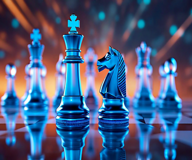 Azure-blue chess pieces in sharp focus with holographic AI network patterns, positioned strategically against blurred competitor pieces in the background, representing corporate AI market competition and strategic positioning