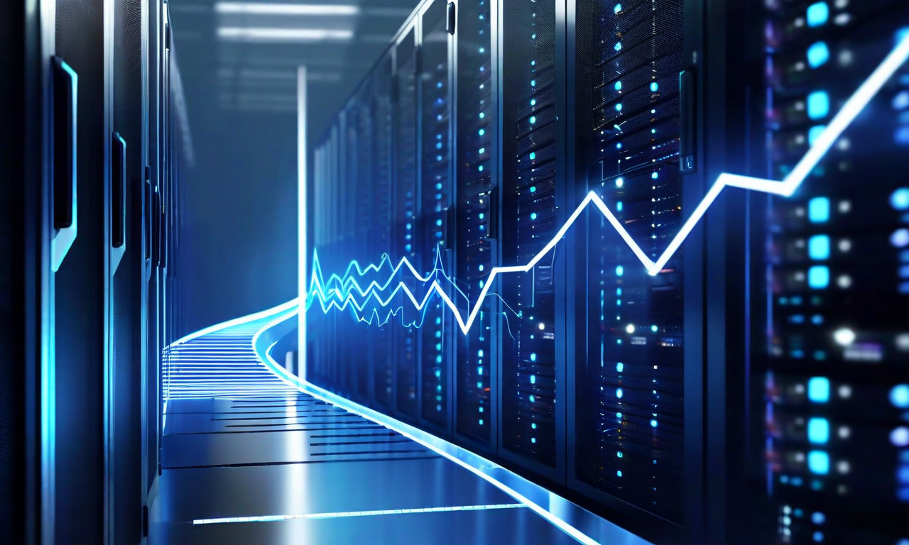 A professional business visualization showing a gradual upward curve with abstract cloud and data center elements in blue tones, representing measured cloud growth and technological infrastructure investment