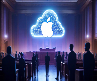 Apple logo surrounded by cloud storage icons and silhouettes of people representing millions of iCloud users in a UK collective legal action over competition concerns