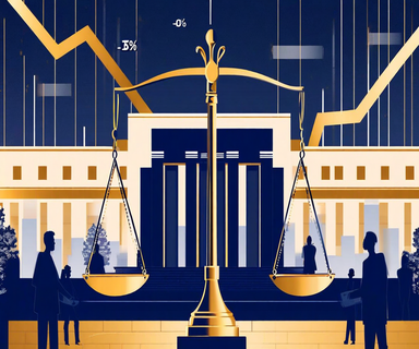 A balanced scale weighing inflation metrics against unemployment indicators, symbolizing the Federal Reserve's monetary policy decision-making process, with financial charts and economic data visualized in a professional blue and gold color scheme