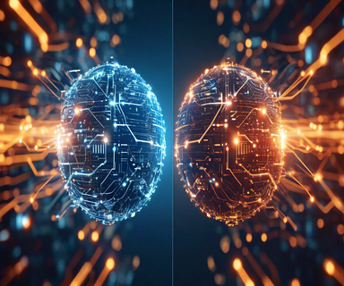 Split composition showing contrasting technological spheres representing AI development, with a central glowing neural network node bridging both sides, symbolizing technological competition and unexpected parity in artificial intelligence capabilities