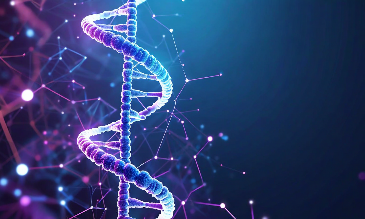Abstract visualization combining biological elements like RNA strands and blood cells with machine learning network nodes, representing the intersection of multiple sclerosis diagnosis, blood biomarkers, and computational analysis