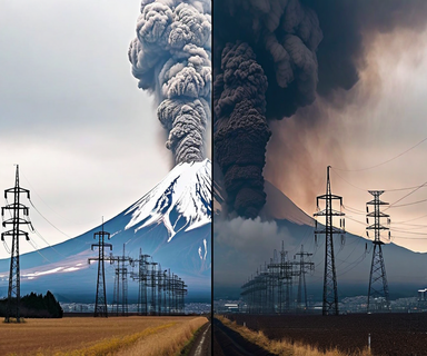 Split composition showing Mount Fuji erupting with volcanic ash plume alongside electrical transmission towers with ash deposits accumulating on insulators, illustrating the impact of volcanic eruption on power grid infrastructure