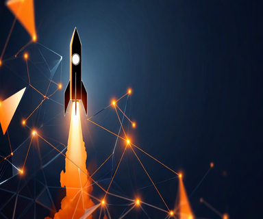 Abstract illustration symbolizing a private equity firm distributing SpaceX stock directly to investors, featuring a stylized rocket silhouette connected by glowing lines to geometric shapes representing equity shares, in a navy, silver, and gold color palette.