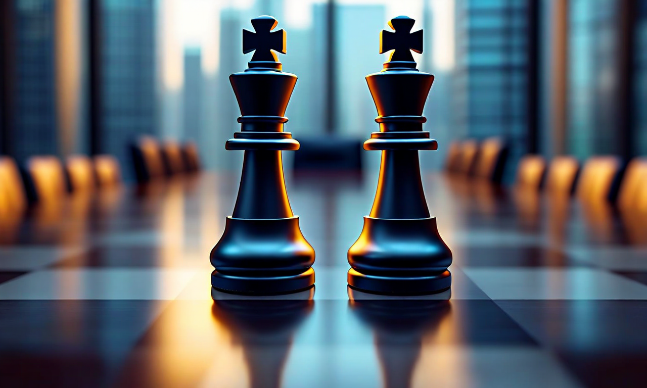 Chess pieces on a boardroom table symbolizing a corporate leadership battle, with dramatic lighting and abstract AI network patterns in the background representing the conflict between Elon Musk and Sam Altman over OpenAI's leadership