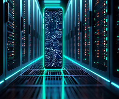A smartphone standing upright with glowing circuit patterns and server infrastructure elements overlaying it, symbolizing the convergence of mobile devices and server computing capabilities