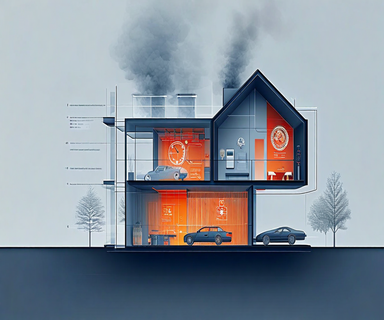 Cross-section illustration of a residential house showing fire safety concepts and detection systems in a professional, educational style with muted colors