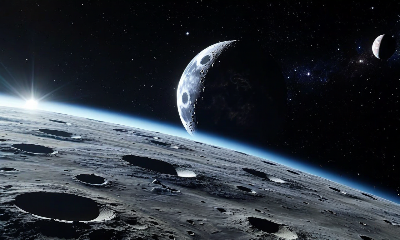 A modern spacecraft approaching the Moon in deep space with Earth visible in the distant background, illustrating NASA's return to crewed lunar missions after five decades