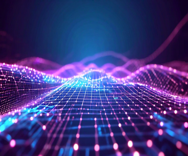 Abstract visualization of multi-dimensional data processing showing a three-dimensional grid structure with flowing data streams and efficient pathways, representing subquadratic computational approaches to handling high-dimensional data
