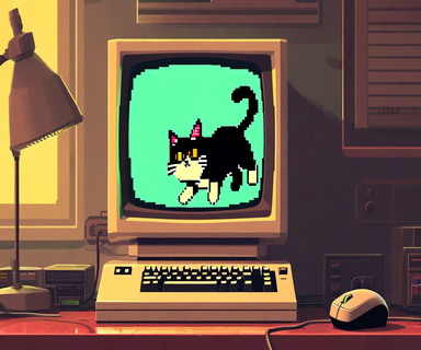 A retro 1980s computer monitor displaying a pixelated black and white cat sprite chasing a mouse cursor on screen, evoking the nostalgic Neko desktop companion software